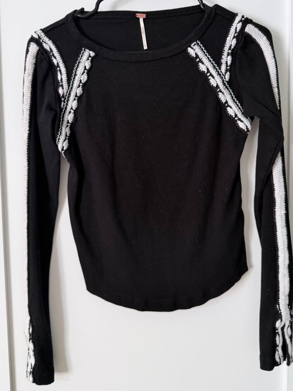 Free People Black Ribbed Long Sleeve Top Size S Crochet Trim Boho Fitted